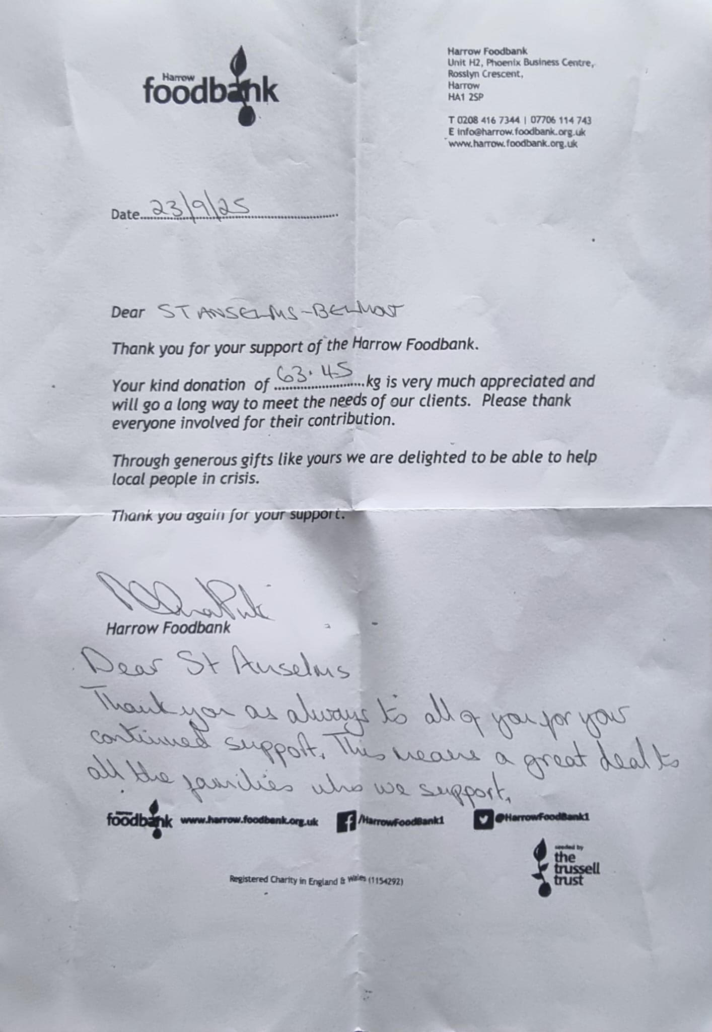 Letter from Harrow foodbank